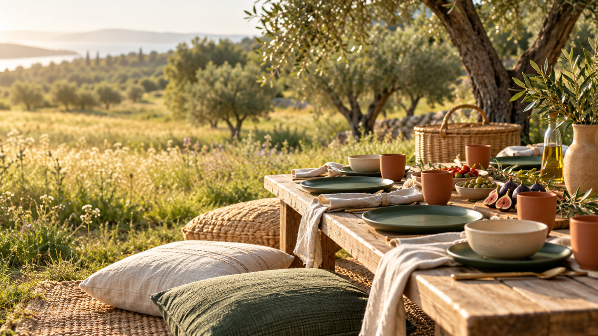 Pervanzo outdoor dining in a sunlit meadow — AI-generated scene